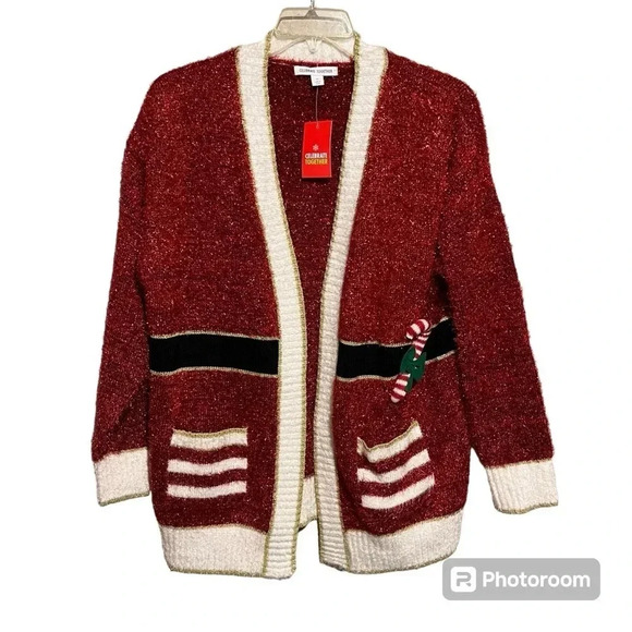 Celebrate Together Christmas Open Cardigan Metallic Santa SZ M Candy Cane NWT - Picture 1 of 10
